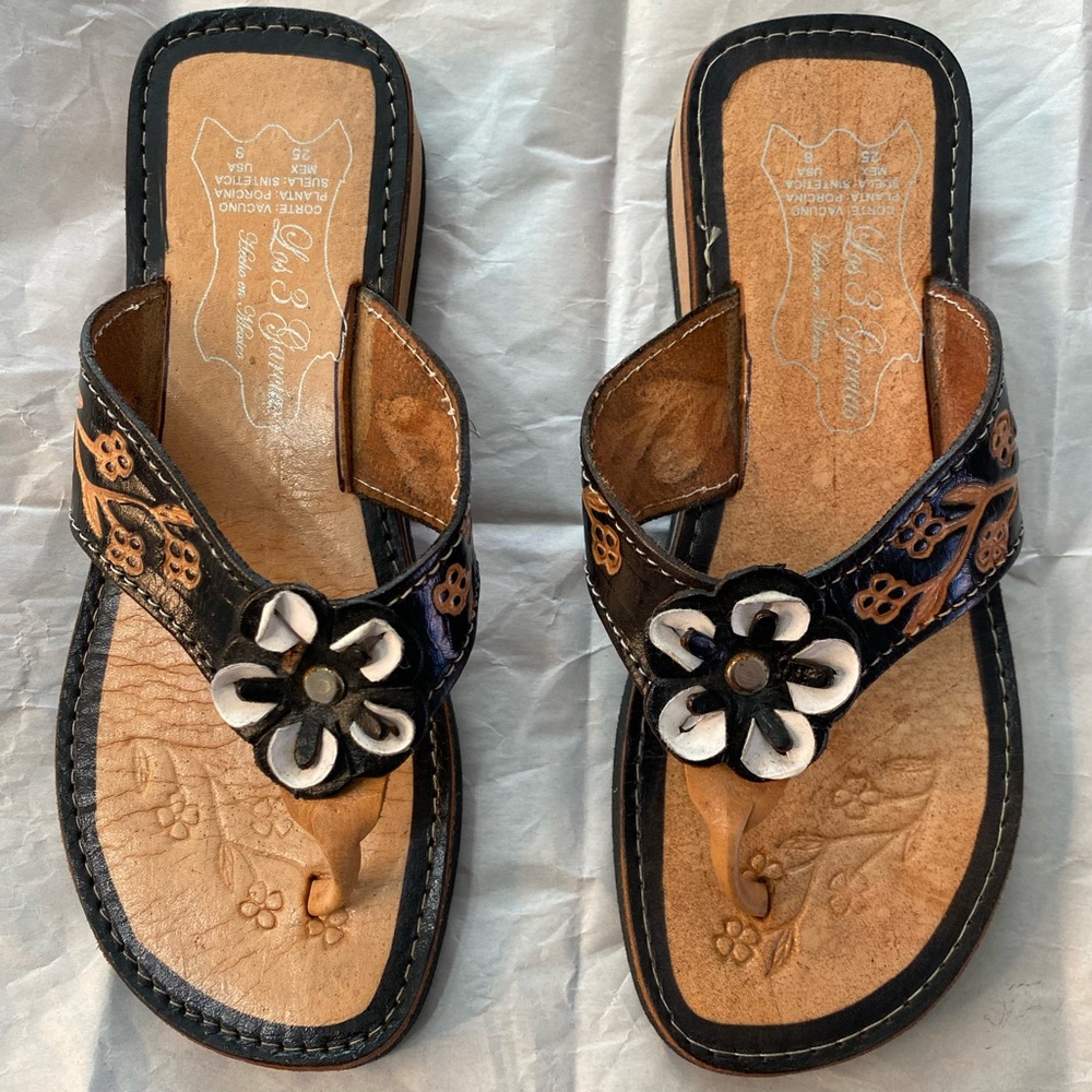 Mexican leather huarache Black and Tan Floral Sandals